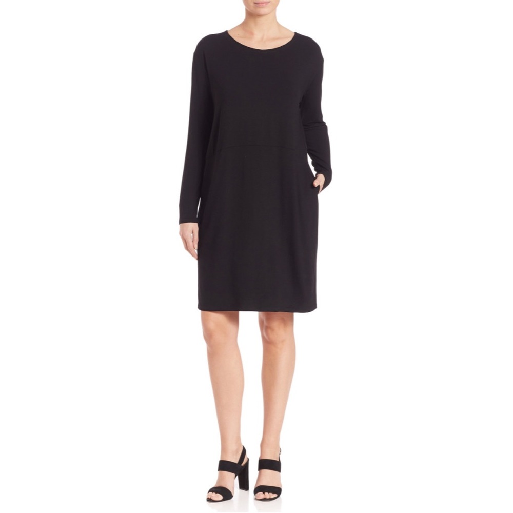 Eileen Fisher Black Boatneck long sleeve knee length dress medium